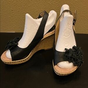 b.o.c. Black Wedge Platform Sandals with Floral Accent, Size 6